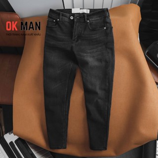 Quần jean dài nam màu Đen xám dáng Slimfit ống ôm vải Denim Co giãn Mềm mại, quần bò form bó Cao cấp Okman