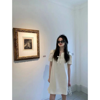 Mã v224 váy suông nữ tay bồng dáng ngắn họa tiết nơ nữ tính thanh lịch, đầm tiểu thư dáng chữ a