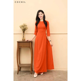 Áo dài trơn COCHIL lụa nhật màu cam đỏ cổ tròn tay lỡ đính hạt ngọc - AD013