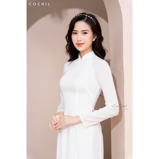 Áo dài truyền thống COCHIL lụa mỹ màu trắng sữa cổ 3cm tay dài - AD310