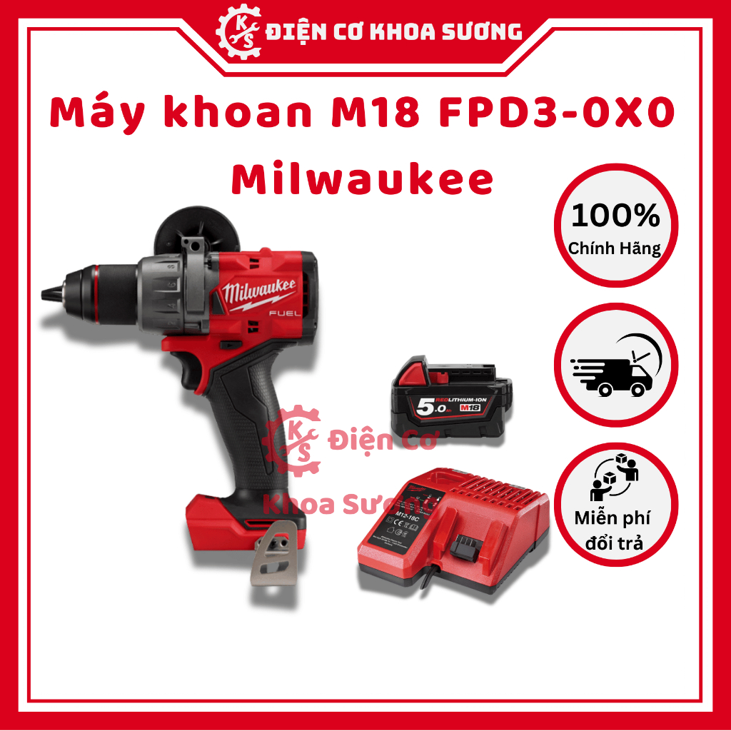 Máy khoan động lực Milwaukee M18 FPD3, Pin 18V/5.0Ah M18B5, Sạc Pin 12V và 18V M1218C - Chính Hãng