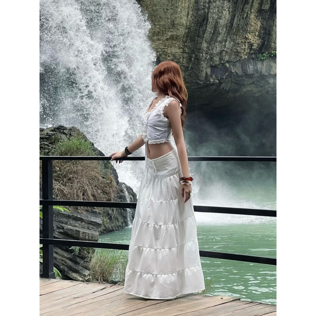 Chân váy dài dáng xoè, Chân váy dài 6 tầng, Chân váy dáng dài midi nhiều tầng (may 2 lớp) xếp ly rút