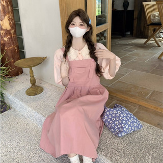 Set váy yếm 2 dây phối sơ mi tay ngắn bồng cổ ren vintage, áo sơ mi nữ phối yếm hồng dễ thương 5796