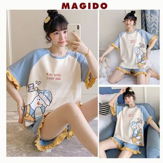 Bộ ngủ nữ - Set đồ pijama cộc tay quần đùi chất thun cotton, bộ mặc nhà in hình ngộ nghĩnh - MAGIDO BNN18