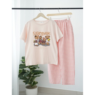 Sét bộ nữ Quần dài kẻ Caro Áo thun Cotton ngắn tay in hình, Đồ bộ mặc nhà, sét đồ mặc tết