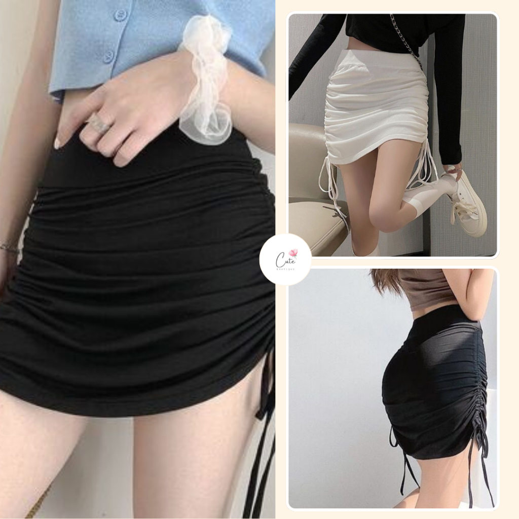 Chân váy thun nữ rút dây - Chân váy nữ ôm body rút dây 2 bên, 2 màu trơn ĐEN | TRẮNG SIÊU HOT