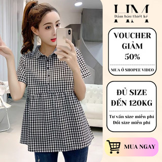 Áo bầu babydoll bigsize kẻ caro công sở cổ đức tay cộc kẻ đỏ kẻ đen khuy giữa thiết kế bởi Happy Mom