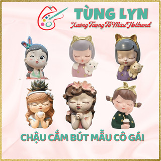 Tượng tô màu, tượng thạch cao chậu cắm bút mẫu cô gái 8-9cm