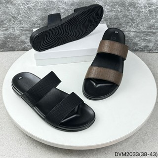 Dép lê da nam Davito size 38-43 - Dép da thanh niên hai quai ngang khâu viền đế cao su cao cấp chống trơn trượt DVM2033L