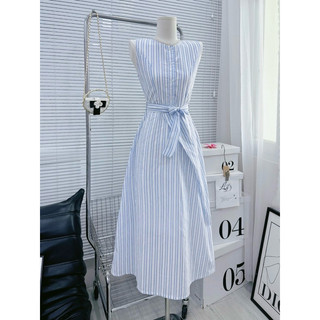 SP022102 Nhẹ nhàng xinh xĩu thôi 💙 MAXI KẺ SỌC ĐÔI KẾT NÚT VẠT ĐẮP THẮT EO