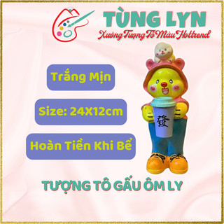 Tượng Tô Màu, Tượng Thạch Cao Gấu Ôm Ly 24cm [ KHÔNG KÈM MÀU]