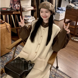 Đầm len nữ dáng dài phối áo sơ mi nâu form rộng vintage, váy len nữ dệt kim khuy trước Hàn Quốc 2305