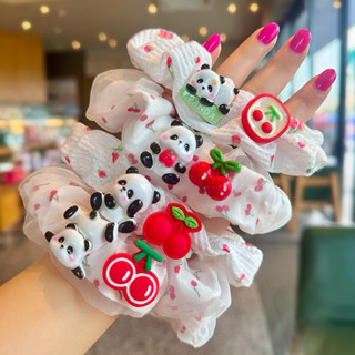 Dây Cột Tóc Scrunchies Bằng Vải Đính Charm Gấu Panda Dễ Thương Phụ Kiện Tóc Cho Bé