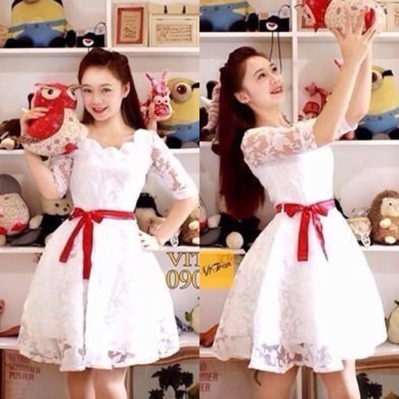 [Kèm ảnh thật] Đầm ren xoè thắt dây nơ eo