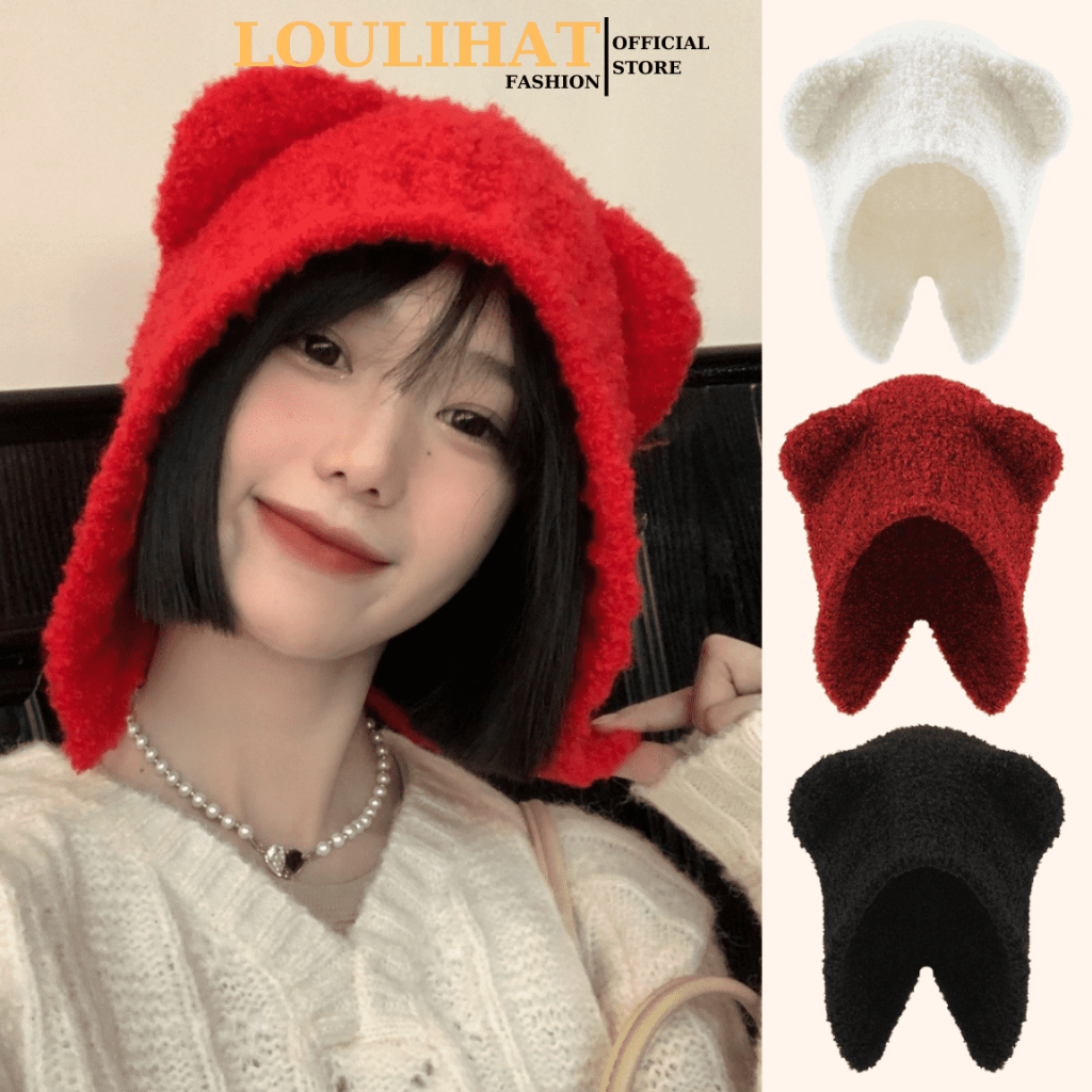 (Loại dày dặn) Nón lông xù tai gấu trùm đầu LOULIHAT, mũ beanie len trùm đầu dày dặn giữ ấm dễ thương NLX02