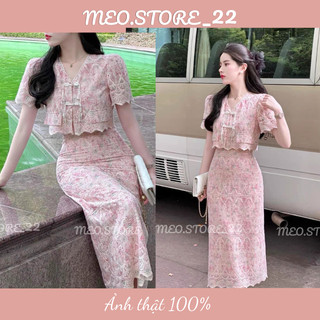 Set ren hồng cao cấp Amy Dress cúc tàu hoạ tiết hoa điểm nhấn nơ trước ngực hàng QCCC set đi chơi tiệc, đám cưới, tất ni