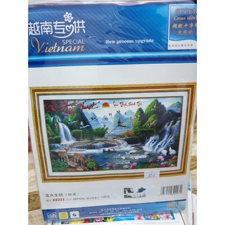 Tranh thêu lưu thủy sinh tài có đồng hồ X8223  - kích thước: 68 * 43cm. (TRANH CHƯA LÀM)