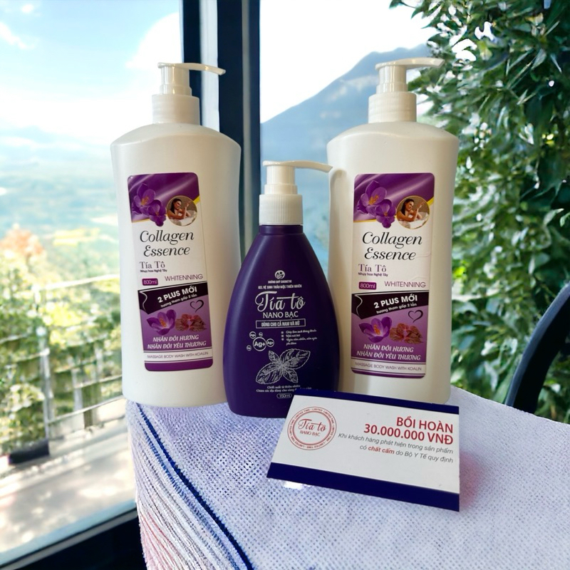 {Combo 3 sản phẩm} 2 chai sữa tắm tía tô collagen 800ml dưỡng trắng body + 1 dung dịch vệ sinh nano bạc ngừa nấm ngứa..