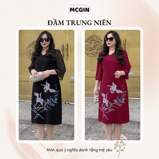 Đầm Trung Niên Sang Trọng Thêu Hải Hạc CG050 form suông A tay voan mềm mại thích hợp cho bà cho mẹ đi tiệc thanh lịch