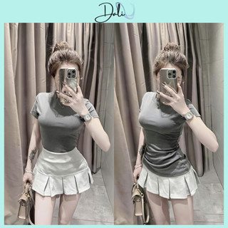 Set Tiểu Thư Màu Xám Tiêu 2 Món Gồm Áo Thun Cổ Tròn Bozip + Chân Váy Xếp Li Cá Tính Có Quần Trong