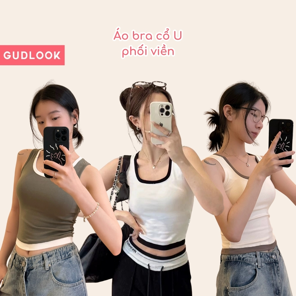 Áo Bra Cổ U Phối Viền Chất Cotton Hàn Cao Cấp GUDLOOK tôn dáng co giãn có đệm mút