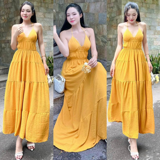 Đầm maxi đi biển đồ cặp đũi cổ yếm xoè
