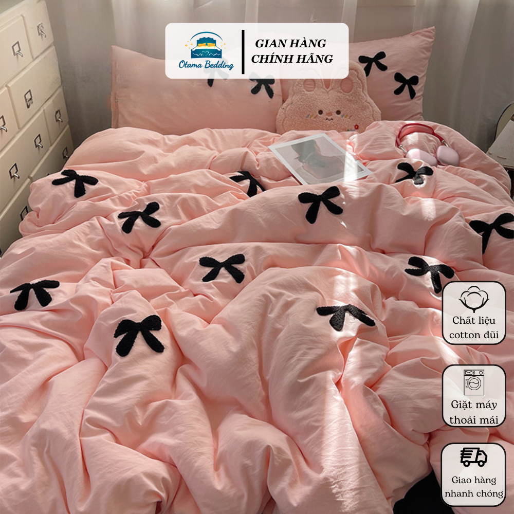 Bộ 4 món chăn ga gối cotton đũi thêu màu pastel decor phòng Otama Bedding, set drap mền 1m2 1m6 1m8