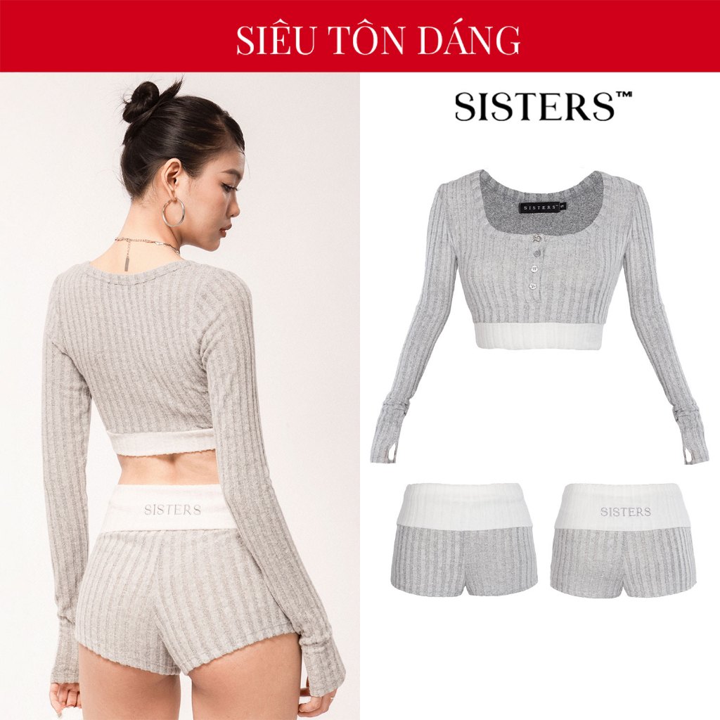  Set quần áo nữ ngắn màu xám SISTERS lưng lật len gân Farley tôn dáng sexy | SS4-SET1 