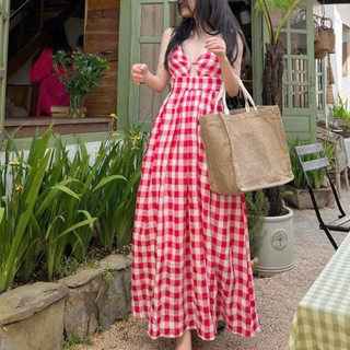 [Maxi] Đầm maxi caro khoét 2 dây - Nhà Lỳ Có Maxi