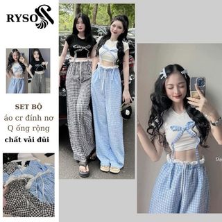Set Bộ Nữ Áo Nơ Quần Đũi Karo , Đồ Bộ Quần Dài Ống Rộng Karo Áo Đính Nơ RYSO FASSHION