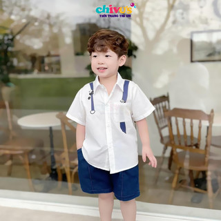 Bộ sơ mi cộc tay cho bé trai CHIVU'sKID họa tiết gấu trúc gồm áo sơ mi kèm quần bò điệu đà cho con đi học đi chơi