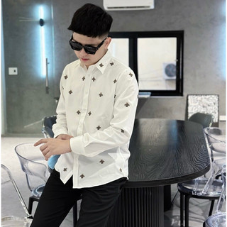 Áo sơ mi nam boy phố hoạ tiết in con ong màu trắng basic trẻ trung lịch sự thời trang phong cách BTSHOP