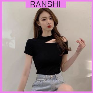 Áo Thun Ngắn Tay Hở Vai RANSHI Cổ Tròn Khoét Vai Form Dáng Basic Chất Thun Gân Dày Dễ Phối Đồ - RA240