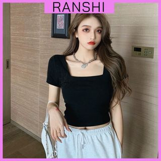 Áo Croptop Cổ Vuông RANSHI Tay Ngắn Basic Trẻ Trung Năng Động Chất Thun Gân Dày Dặn - RA236