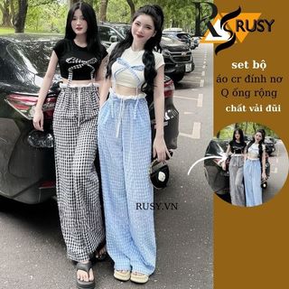 Set bộ nữ áo nơ quần đũi karo , đồ bộ quần dài ống rộng karo áo đính nơ rusy