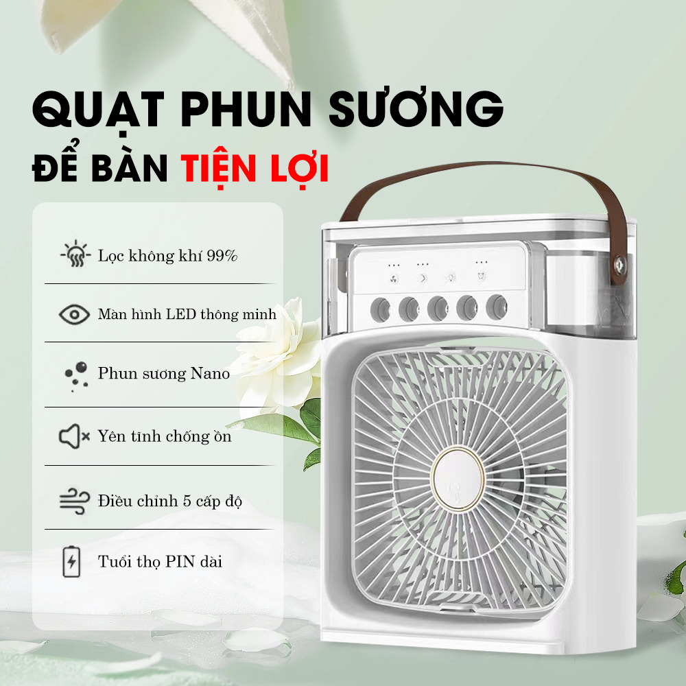 Quạt điều hòa phun sương tự động quạt để bàn 3 cấp độ gió hẹn giờ thông minh mini nhỏ gọn dung tích nước 600ml