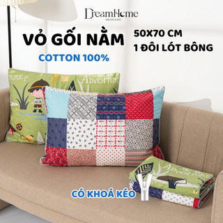 Vỏ gối 50x70cm cotton 100% (1đôi), bao gối nằm trần bông dày đẹp, cao cấp, có khóa kéo tiện lợi DREAMHOME