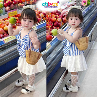Set bé gái 2 dây áo kẻ xanh đính nơ to kèm chân váy ren mềm đẹp có lót bên trong đủ size cho bé 10-30kg