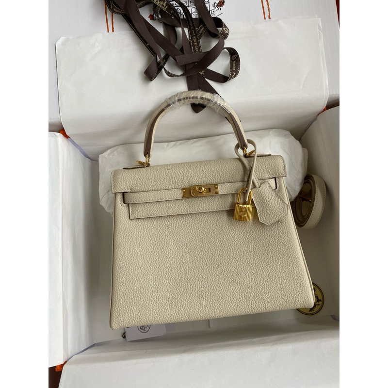 Túi xách HM kelly màu trắng da togo mềm mại chuẩn from size 25 cm full box