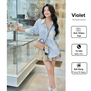 Áo Sơ Mi Nữ Kẻ Xanh Nơ Lưng Kèm Chân Váy Xếp Li Sb6273 -violet