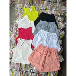 set bộ áo ba lỗ thun tăm croptop kèm quần đùi short 2 túi vuông to trước mặc nhà đi chơi thoải mái