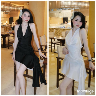 Đần lụa cổ đổ đẹp. Váy lụa cổ đổ chân váy đuôi cá phối bèo dài và hoa. Váy đẹp đi tiệc.