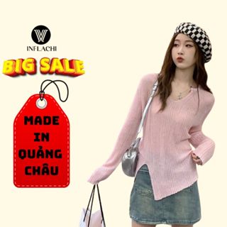 Áo dệt kim dài tay cho nữ áo len mỏng mongtoghi cổ V INFLACHI len gân sọc thiết kế độc đáo xẻ tà M128 N-12