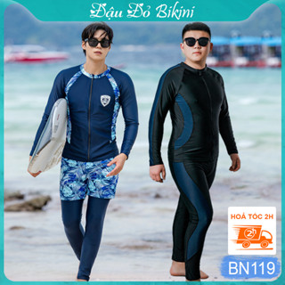 Đồ bơi nam cỡ đại đến 150kg, quần áo tắm big size cho người béo mập, áo dài tay khoá kéo & quần dài chống nắng | BN036