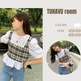 Áo sơ mi cộc tay cổ tròn phối họa tiết caro độc lạ
