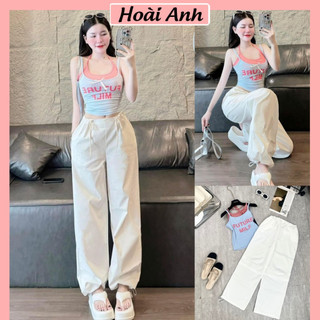 Set Bộ Đồ Nữ Áo Tăm Crt 2 Dây Xanh In Chữ Future Phối Yếm Hồng Buộc Dây Sau  Mix Quần Xuông Ống Rộng Dây Rút Freesize