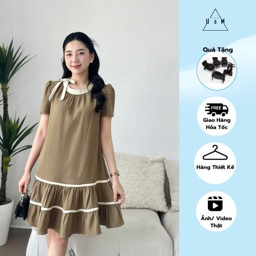 Váy thiết kế dáng babydoll tiểu thư thanh lịch phối nơ vai U&M VP33
