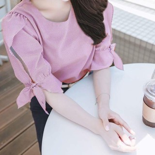 Áo kiểu Nữ sọc Tay Nơ lửng Xinh Đẹp, Áo sơ mi nữ tay lửng công sở, chất liệu mềm mịn, ít nhăn có ảnh thật, video thật
