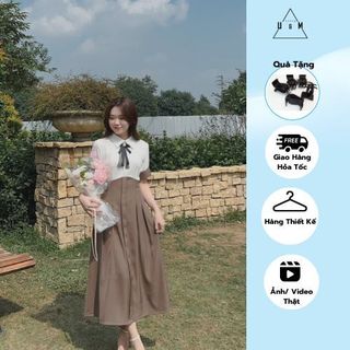 Váy sơ mi nữ dáng dài chiết ly eo phối cổ trắng phù hợp đi dự tiệc U&M (VP05)