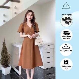 Váy đầm cổ V thiết kế khuy cúc thanh lịch đi chơi, đi làm đi tiệc U&M (V605)